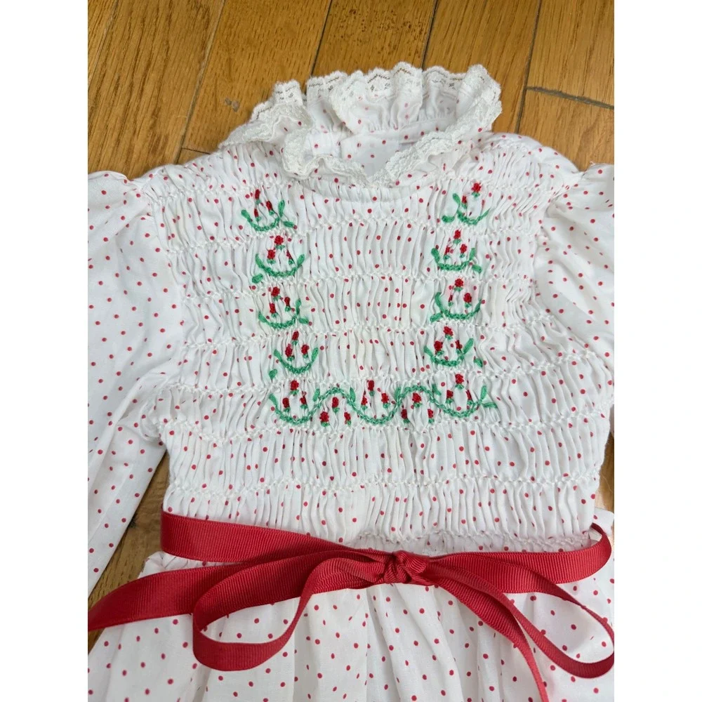 Polly Flinders‎ Vintage Girls Smocked Dress Red Polka Dot Floral Lace Size 4